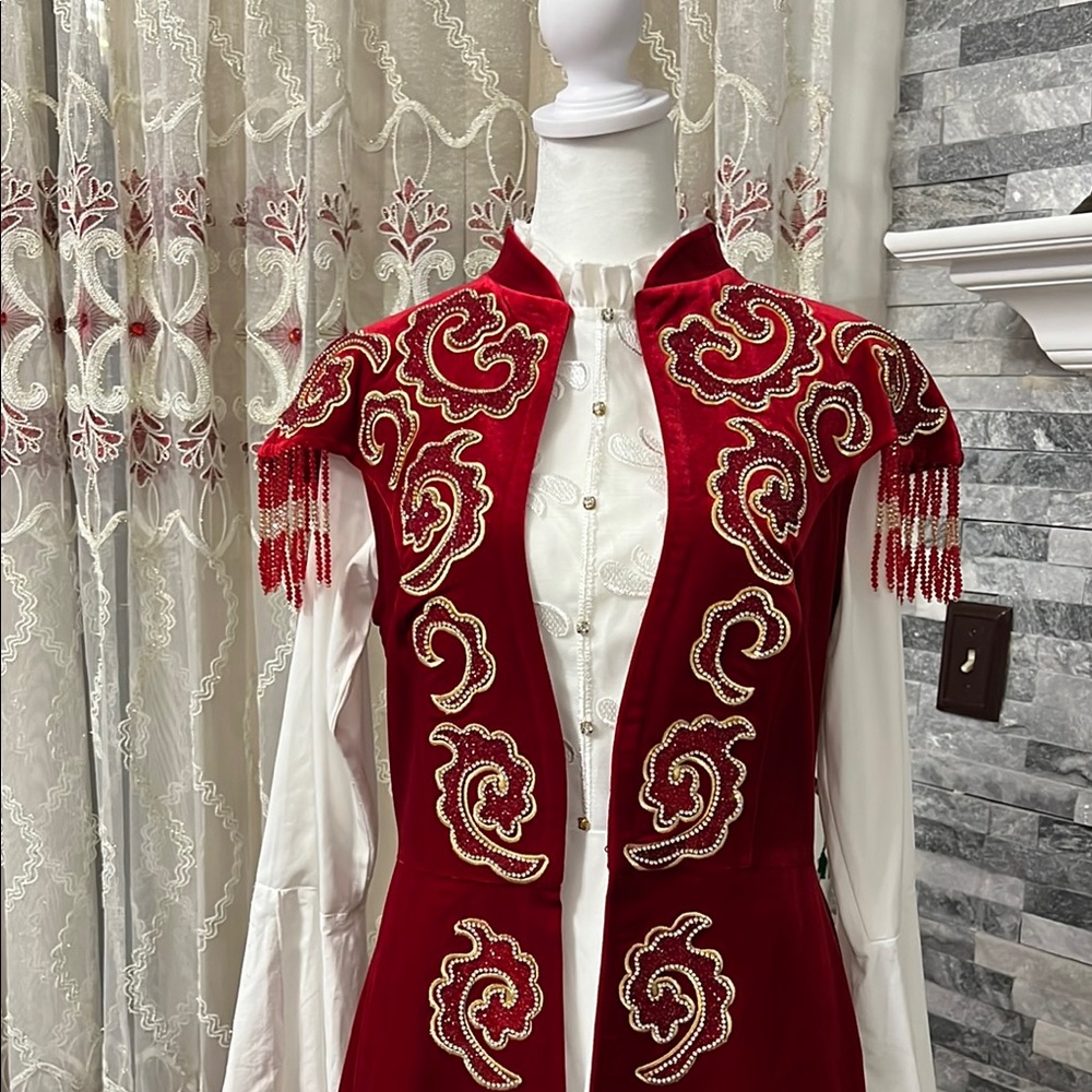 Turkish Red and Gold Embellished Sleeveless vest with white dress and hats - Picture 1 of 6